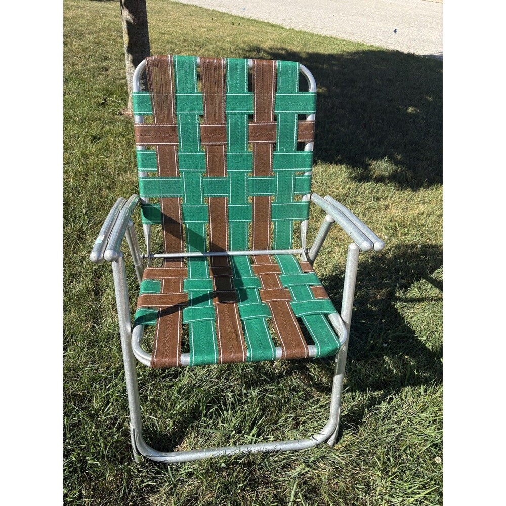 Vintage Light Weight Aluminum Folding Webbed Lawn Chair Brown Camping Beach